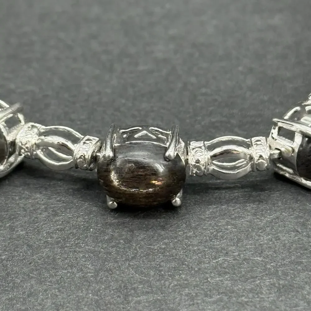 STS 925 Sterling Silver Oval Black Star Sapphire Cabochon Link Bracelet 7.5